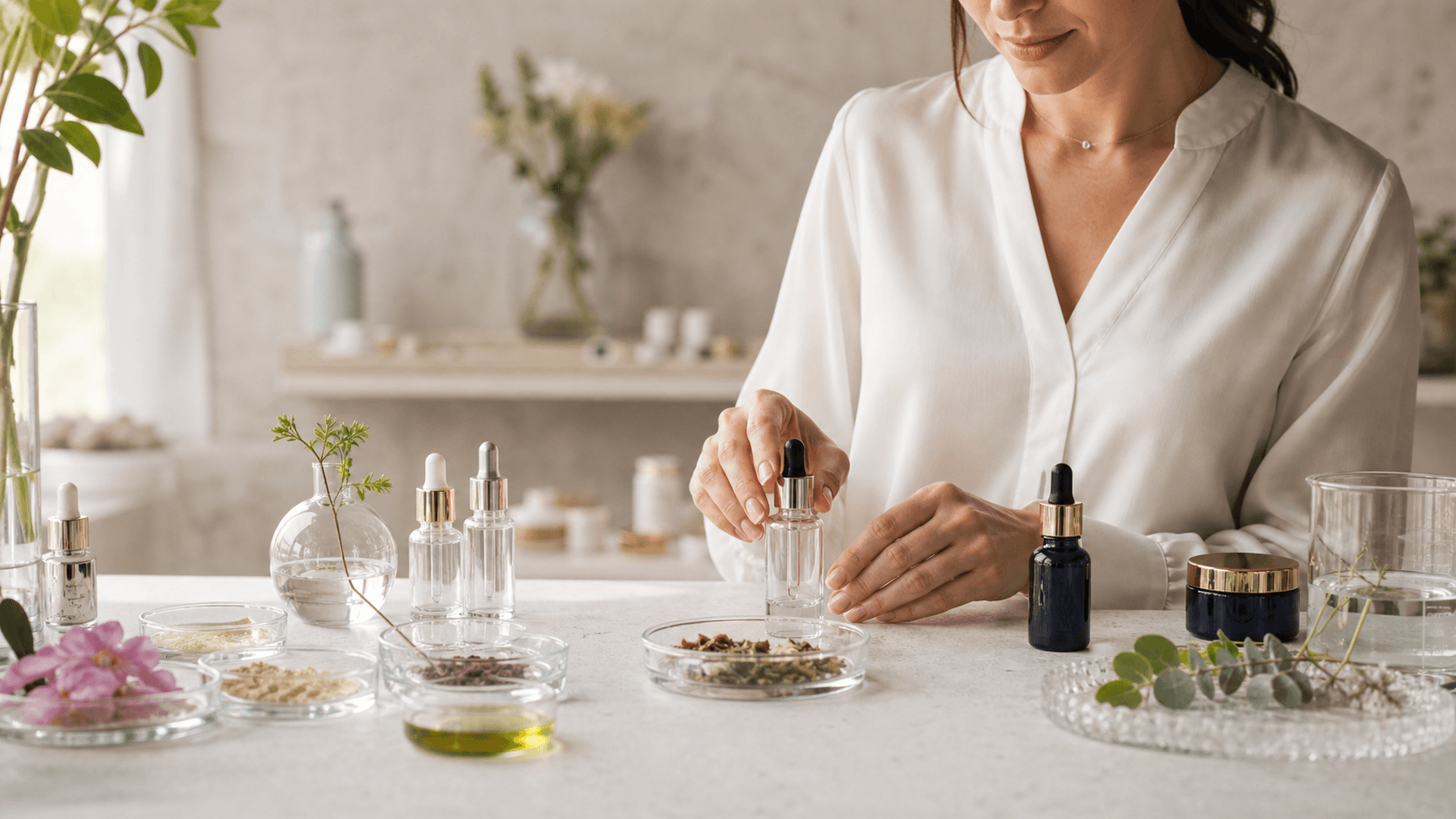 Premium skincare formulation ingredients in a clean studio setting