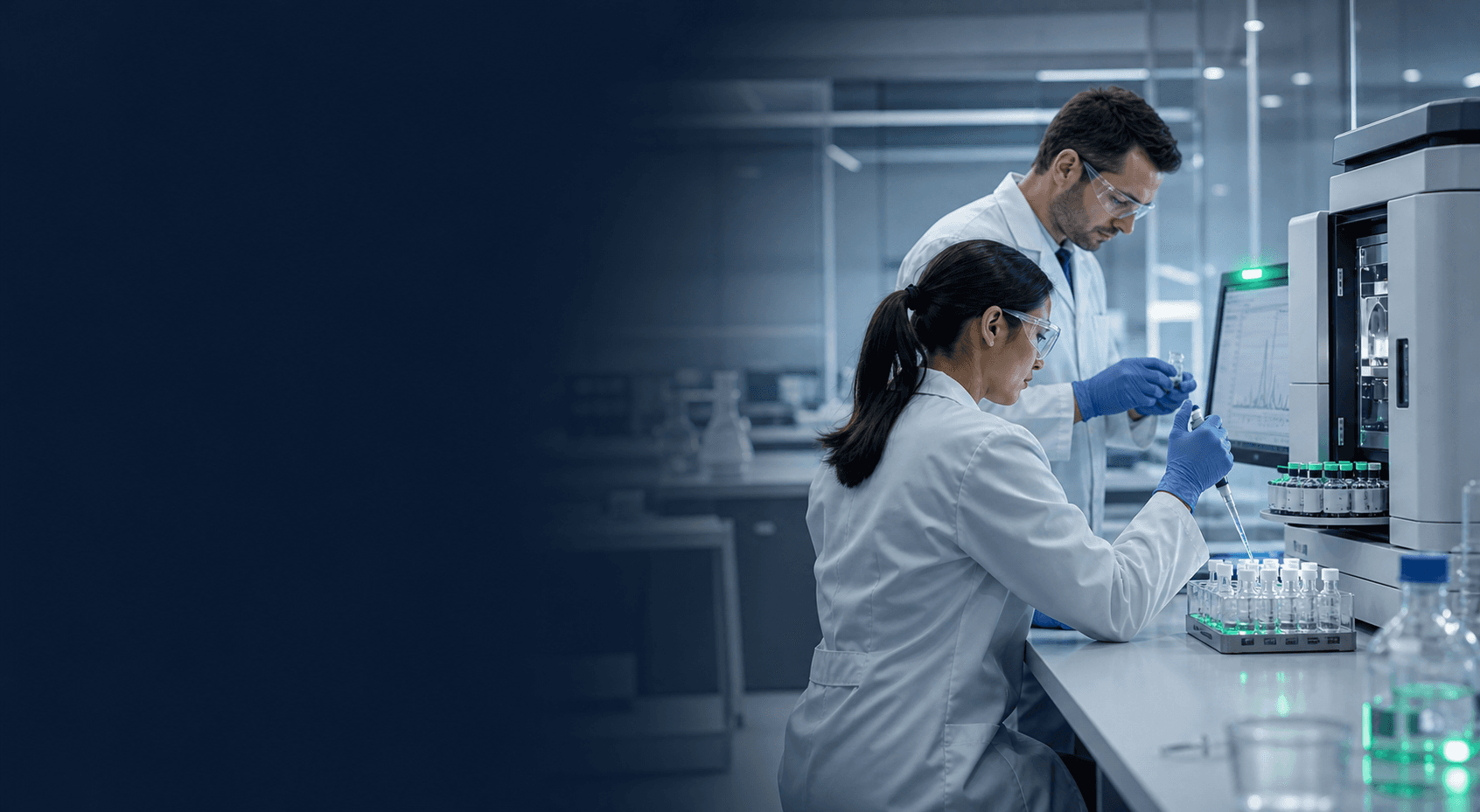 Peptide researchers working with analytical equipment and laboratory vials